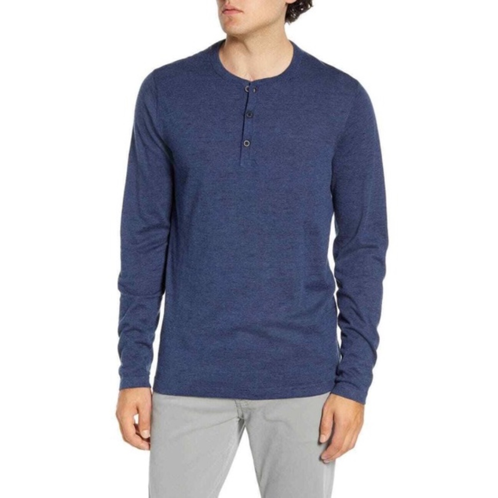 Nordstrom Mens Henley Sweater in Blue Heathered Size 2XL Crew Neck Cotto…